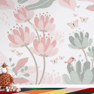 Imagem de Papel de Parede infantil rama de flores e borboletas em aquarela 2 - A