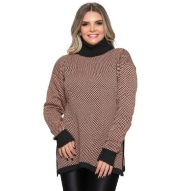Imagem de Poncho Feminino de Tricô Mousse Estampa Xadrez e Gola Alta Temdência -