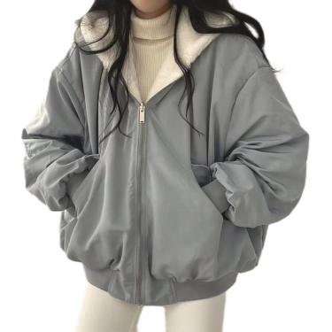 Imagem de Jaqueta sherpa para mulheres adolescentes meninas adolescentes reversíveis y2k zip up capuz de lã de pele grunge casaco de inverno cutecore roupas coreanas, azul, m
