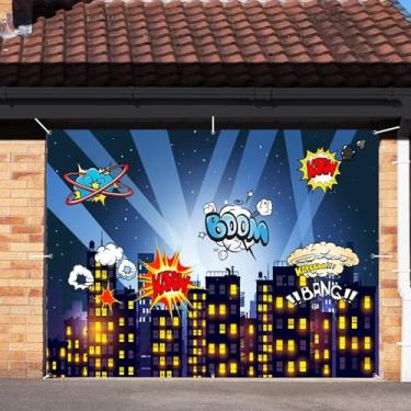 Imagem de Capa de porta de garagem de desenho animado super cidade decoração pano de fundo 2 x 2,4 m arranha-céus urbanos edifícios noturnos bom capa de porta de garagem ao ar livre crianças festa de