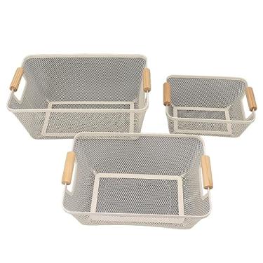 Imagem de Cesta de armazenamento de arame de metal GRCFUMO 3 unidades, cestas de arame empilháveis ​​com alça de madeira, cestas de metal resistentes para despensa, armário, geladeira, (Branco)
