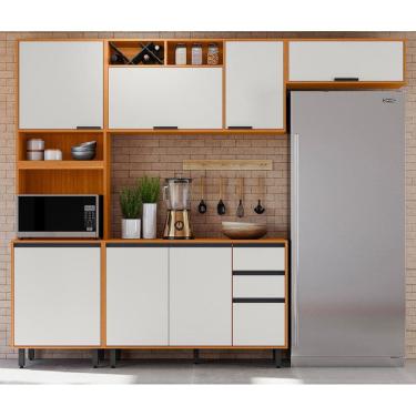 Imagem de Cozinha Modulada Ravena 4 Peças com Balcão 120m com Tampo MDP  - Freijó UV/Off Acetindo Poliman
