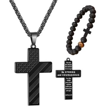 Imagem de Colar de cruz para homens de aço inoxidável: colar de cruz masculino corrente cruzada para homens, 50,8 cm bandeira americana cruz preta colar com pulseira de 20,3 cm para homens | Corrente feminina