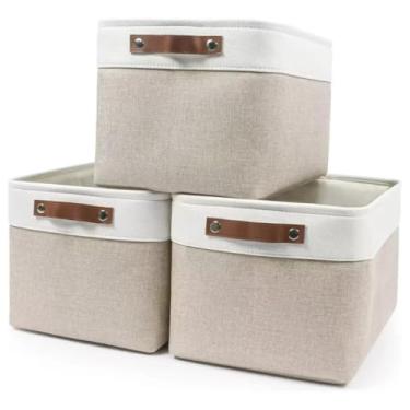 Imagem de Caixa Organizadora Dobrável de Linho Offwhite com Alça Marrom – 45x35x25 cm | Prática e Elegante para Armazenamento