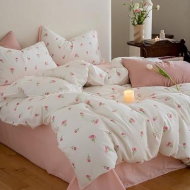 Imagem de Erwinmu Conjunto de edredom floral, tamanho solteiro, 2 peças, rosa e branco, estampa de tulipas, cama de solteiro em uma bolsa com coração, edredom e 1 fronha