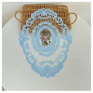 Imagem de RZGZKLSH Pacote com 2 jogos americanos retrô de renda estilo francês, doilies de crochê franceses, tapetes de mesa bordados feitos à mão, toalha de mesa de café, decoração retrô (azul celeste)