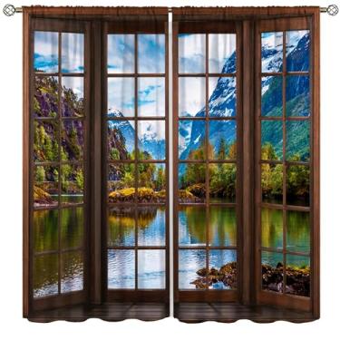 Imagem de Cortinas de paisagem natural, Cordilheira da Noruega, Picos nevados à beira do lago Pescando Nordic Northern View Windows Tratamentos Cortinas com bolso para varão, para crianças, sala de estar,
