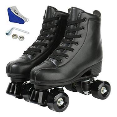 Imagem de Patins de couro PU de cano alto patins de quatro rodas patins brilhantes com bolsa de transporte para meninas e meninos (roda preta, BR 42)