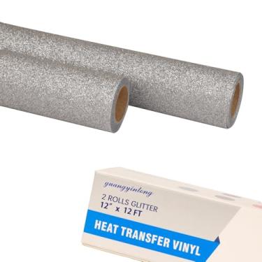Imagem de guangyintong Rolos de vinil HTV de transferência de calor prata com glitter, 2 rolos de 30,5 cm x 3,7 m, ferro em vinil para camisetas glitter prata HTV vinil para todas as máquinas de corte fácil de