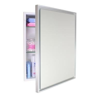 Imagem de Armário de remédios para banheiro embutido retangular Parker Metro Metro 16x20, espelho flutuante, abertura de parede de 35,56 x 45,72 cm, aço revestido com pó, prateleiras de vidro ajustáveis, fecho