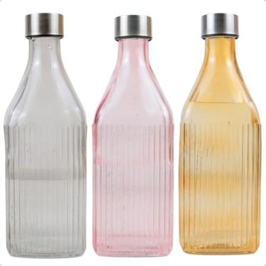 Imagem de Kit 3 Garrafas Quadrada De Vidro Canelado com Tampa 1l Colorida para Geladeira (Preta - Rosa - Âmbar)