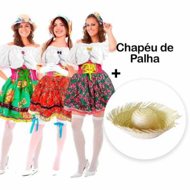 Imagem de Vestido Caipira Feminino Adulto Festa Junina de Luxo + Chapéu - Fantas
