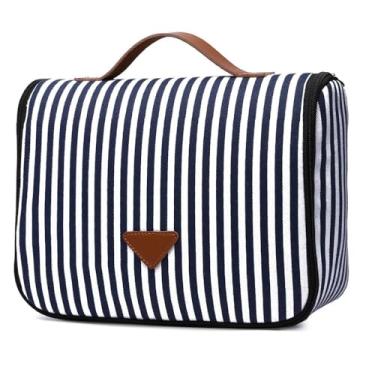 Imagem de Necessaire de Viagem Listrada, Organizador para Banheiro com Gancho, 27x21x10cm, Azul e Branco (Azul e Branco)
