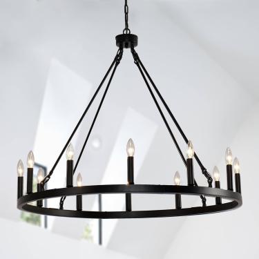 Imagem de Lustre De Roda De Carroça Estilo Vela Preto 12-luz, Lustre De Roda De Carroça Redonda Luminárias De Varanda Ao Ar Livre, Lustres Modernos De Rodas De Carroça Para Sala, Black, 12-lights