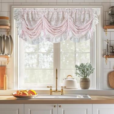 Imagem de Cortina de balão transparente de renda floral rosa levantável laço laço de voile cortina de cozinha camadas filtragem de luz babados café pequena saia de janela para decoração de casamento bolso de