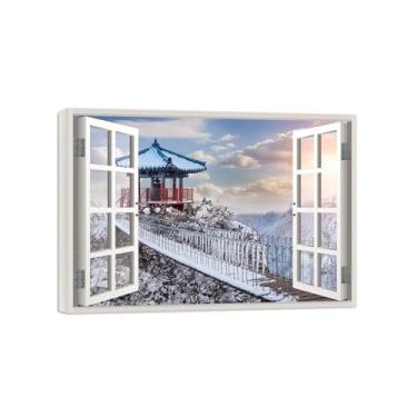 Imagem de Impressão lona janela falsa-Torre nuvens inverno-Imagem arte parede paisagem-Pintura moderna para banheiro decoração 50x70cm20x27in Tela Embrulhada