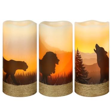 Imagem de Eldnacele Velas cintilantes sem chamas com temporizador e corda de cânhamo, pilhas de cera real LED pilar velas leopardo leão lobo decalques para decoração de Natal em casa