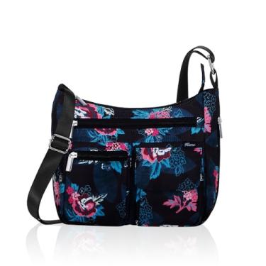 Imagem de Kamo Bolsa tiracolo feminina – bolsa carteiro leve com vários bolsos, casual, estampada, bolsa de viagem, Azul-marinho - flores, One Size