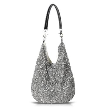 Imagem de Bolsa feminina de lantejoulas, bolsa de ombro de grande capacidade, bolsa de mão para casamento, formatura, festas, viagens (cinza), Cinza, One Size