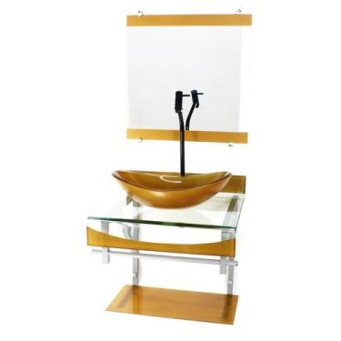 Imagem de Gabinete de vidro 40cm para banheiro curvado duplo pc cuba oval dourad