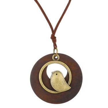 Imagem de Zszkoz Boho pingente de madeira vintage feito à mão colar de couro longo de madeira verde para mulheres colar longo joia presente, Small, Madeira, Sem Pedra Preciosa