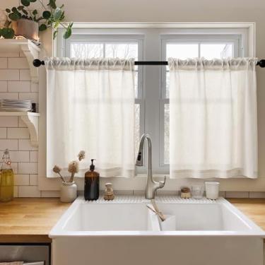 Imagem de Cortinas de linho creme para cozinha 91.4 cm L x 61.0 cm C Dual Rod Pocket Boho Tier Cortinas para janelas pequenas filtragem de luz semitransparente café porão porta frontal 2 painéis naturais