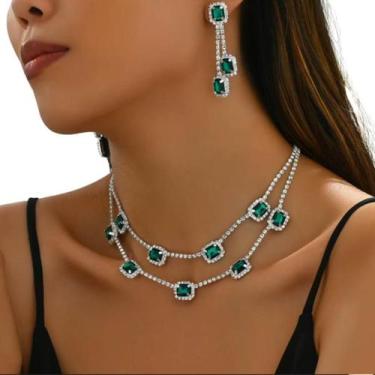 Imagem de Conjunto Colar e Brinco com Pedras Verdes Luxuosas - AEX