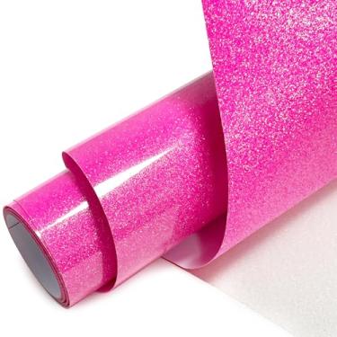 Imagem de MerryMade Vinil de transferência de calor com glitter rosa choque 30,5 cm x 2,4 m HTV para camisas, Glitter HTV para todas as máquinas de corte - Fácil de cortar e remover ervas daninhas para design