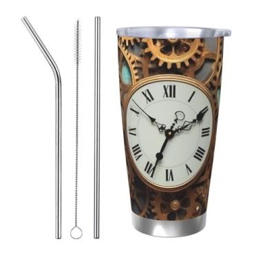 Imagem de Ousika Copo de 590 ml com tampa e canudo Caneca de café isolada a vácuo de aço inoxidável com parede dupla, relógio steampunk enferrujado, copos de viagem, copos de viagem, presentes para mulheres