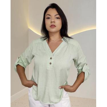 Imagem de Blusa Camisa Social Listrada Feminina Botão Viscolinho Clara - Dama K 