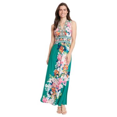 Imagem de London Times Vestidos maxi casuais sem mangas com decote em V para mulheres, Verde jade/rosa choque, 50