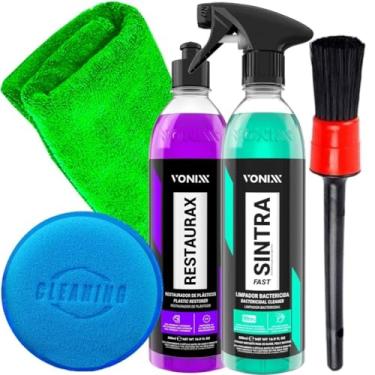 Imagem de Kit Automotivo Limpador Bactericida Sintra Fast Renova Plásticos Restaurax Vonixx Acessórios Aplicador Pincel Toalha Microfibra Karbox