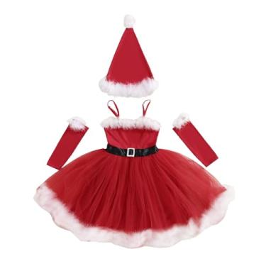 Imagem de Vestido infantil de Natal para meninas, sem mangas, Papai Noel, conjunto de chapéus, mangas de braço, roupa de Natal para meninas (vermelho, 5-6 anos)