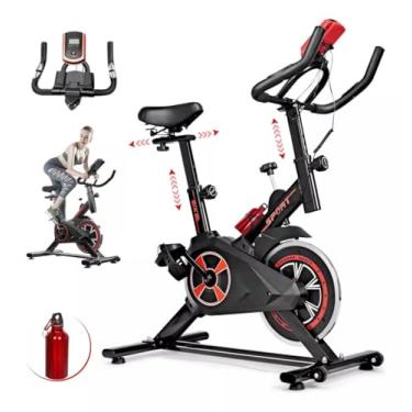 Imagem de Bicicleta Ergométrica Spinning Preta e Vermelha com Display Digital Suporte para Celular e Garrafa Ajuste Regulável 13 Velocidades Roda Inércia 4kg