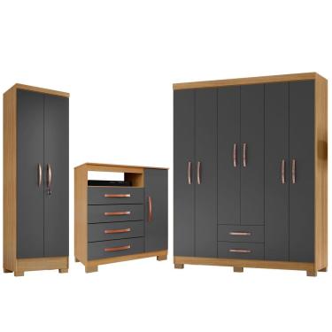 Imagem de Kit Guarda Roupa Modena 6 Portas 2 Gavetas com Cômoda Sapateira 1 Porta 4 Gavetas e Armário Multiuso 2 Portas Egito Carvalho Grafite - Combo Stock