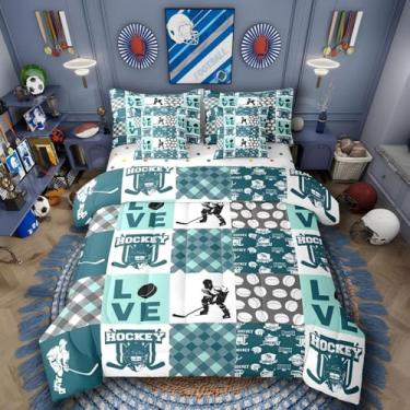 Imagem de Jogo de cama casal e edredom de hóquei no gelo, 7 peças, decoração de quarto de jogador, bolas de fãs de esportes europeus, azul-petróleo