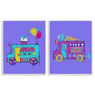 Imagem de Stupell Industries Conjunto de arte giclée emoldurado branco vibrante de 2 peças de caminhões de sorvete de verão por Susan Lugar, 20 x 16