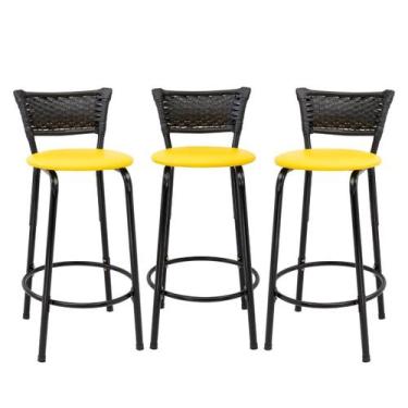 Imagem de Kit 3 Banquetas Para Bancada 60cm Preta Junco Preto Balcão Ilha Bistrô