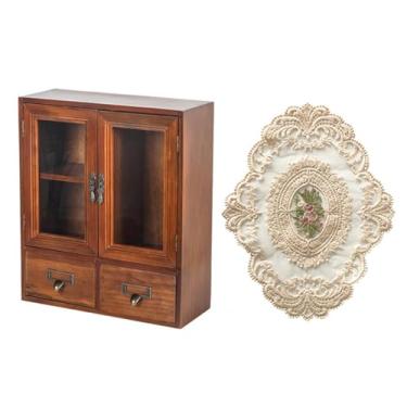 Imagem de predolo Armário de armazenamento de madeira Armário de mesa Suporte para joias Organização Caixa de cosméticos clássica Organizador de mesa para espaço de, 3 Portas Duplas de Grade