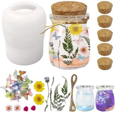 Imagem de Conjunto de moldes de resina de jarra, moldes de silicone DIY para potes com 5 peças de tampas de cortiça, borboleta colorida, flor seca e corda de decoração, garrafa de armazenamento e fabricação de
