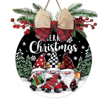 Imagem de Bolisom Placa de gnomo de feliz Natal, suporte de madeira para árvore de Natal, decoração de casa, guirlanda de madeira para férias de inverno com laço xadrez, decoração de parede interna