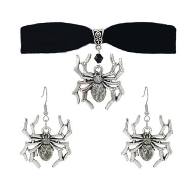 Imagem de PUBBCIA Conjunto de 3 peças de colar de gargantilha de aranha para mulheres clássico colar de fita preta curto colar de aranha preto para fantasia de bruxa de Halloween acessório, Metal, Sem Pedra