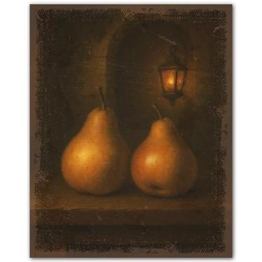 Imagem de ZUKIY Golden Pears Still Life - Pôster vintage de frutas com estética antiga - Impressão sem moldura 20 x 25 cm - Arte elegante em tom dourado para decoração de prateleira, cozinha, escritório ou