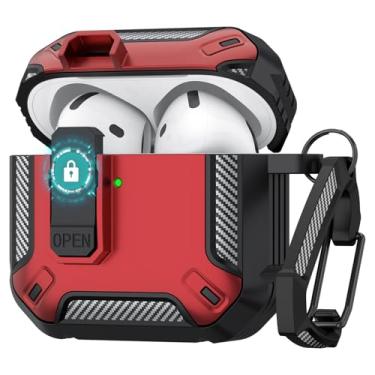 Imagem de Capa protetora rígida para AirPods 4 com trava segura, pop-up automática, proteção total, compatível com Apple AirPods 4ª geração 2024/2025 (preto, vermelho, capa para Airpods 4)