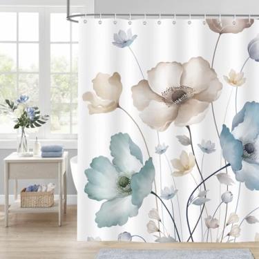 Imagem de Dazzlewall Cortina de chuveiro floral aquarela retrô flor papoula cortinas de chuveiro para decoração de banheiro, tecido de poliéster, decoração texturizada com ganchos, 182 × 182 cm