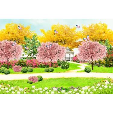 Imagem de Painel de Tecido Sublimado Jardim Aquarela Coreto Borboletas Florido -