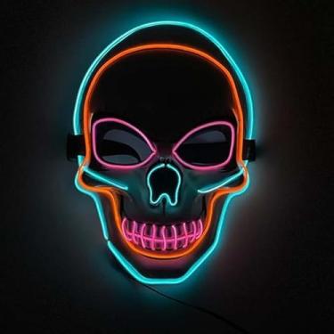 Imagem de SHANJIA Máscara de Halloween, máscara iluminada, crânio assustador com iluminação LED para festival de Halloween, cosplay, baile de máscaras, festa de carnaval (estilo 18)