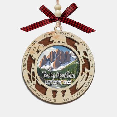 Imagem de Lerime66 Enfeite de Natal do Parque Nacional das Montanhas Rochosas, design de corte a laser de madeira de 2 camadas, decoração de árvore de férias, presente de lembrança de viagem, picos alpinos
