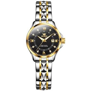 Imagem de OLEVS Relógios femininos, femininos prateados, à prova d'água, dois tons, analógico, aço inoxidável, luxuoso, moderno, algarismos arábicos, relógio delicado, relógios femininos para pulsos pequenos