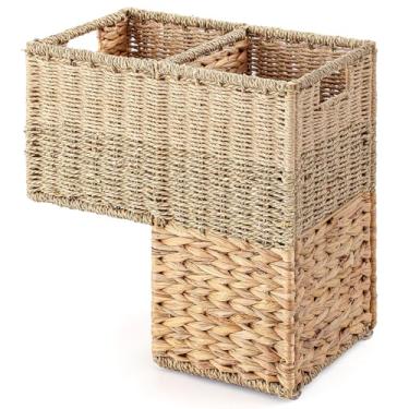 Imagem de Cinnvoice Cesto de escada de vime com alças para madeira e carpete, organizador de armazenamento de escada de jacinto de água natural para decoração de casa e escritório